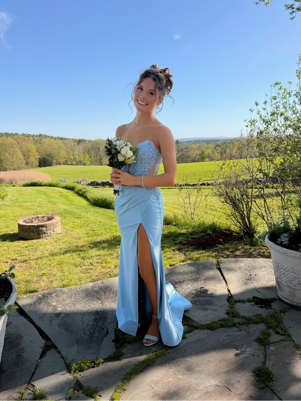 Sherri Hill Light Blue Strapless Prom Gown with Lace Bodice and Thigh Slit